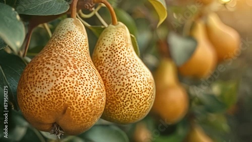 Close-up image of two ripe Costaposta pears hanging from a tree branch, with a blurred background of other pears and foliage. photo