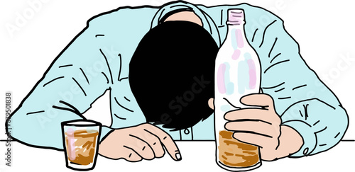 Cartoon of a young office worker who is drunk and stressed because he is working hard.