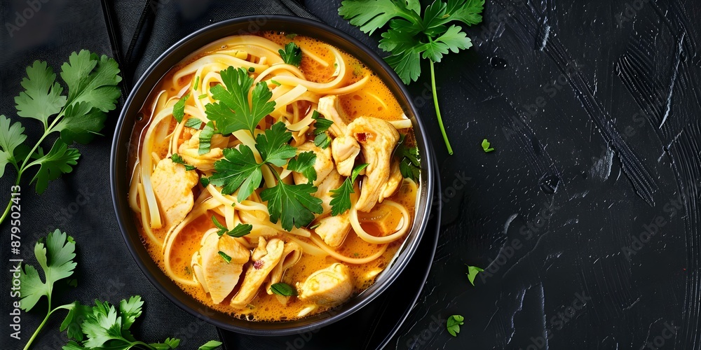Coconut Curry Chicken Noodle Soup with Cilantro from Above. Concept Food Photography, Coconut Curry Chicken Noodle Soup, Fresh Ingredients, Overhead Shot, Vibrant Colors Coconut Curry Chicken Noodle Soup with Cilantro from Above. Concept Food Photography, Coconut Curry Chicken Noodle Soup, Fresh Ingredients, Overhead Shot, Vibrant Colors