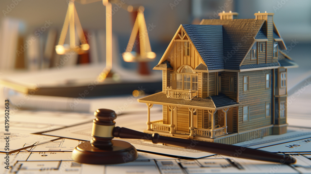 Model House on Architectural Plans with Gavel and Scales of Justice Model House on Architectural Plans with Gavel and Scales of Justice