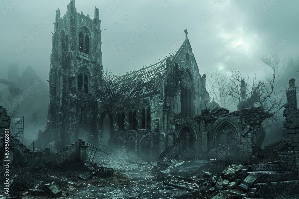 Obraz premium Fog rolling across an abandoned church with a partially collapsed roof