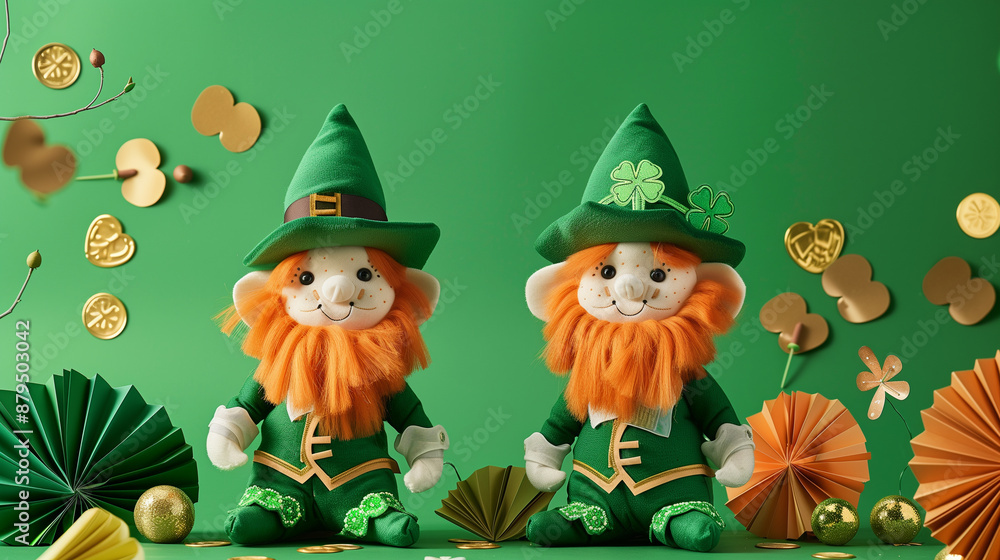 St. Patrick's Day Leprechaun Decorations with Gold Coins and Green Background St. Patrick's Day Leprechaun Decorations with Gold Coins and Green Background