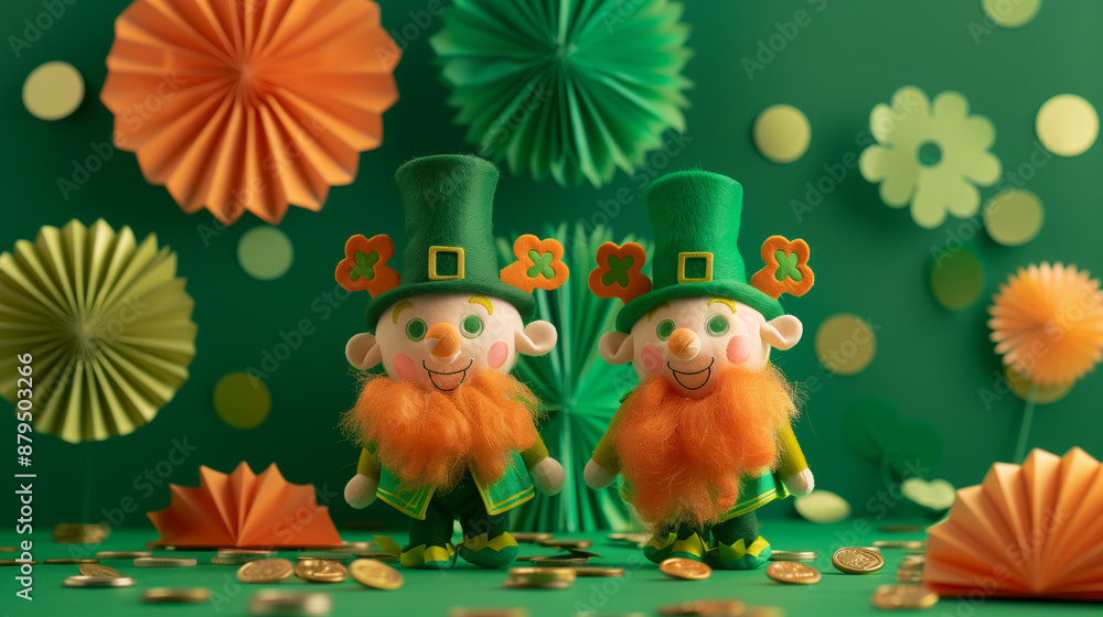 St. Patrick's Day Leprechaun Decorations with Gold Coins and Green Background St. Patrick's Day Leprechaun Decorations with Gold Coins and Green Background