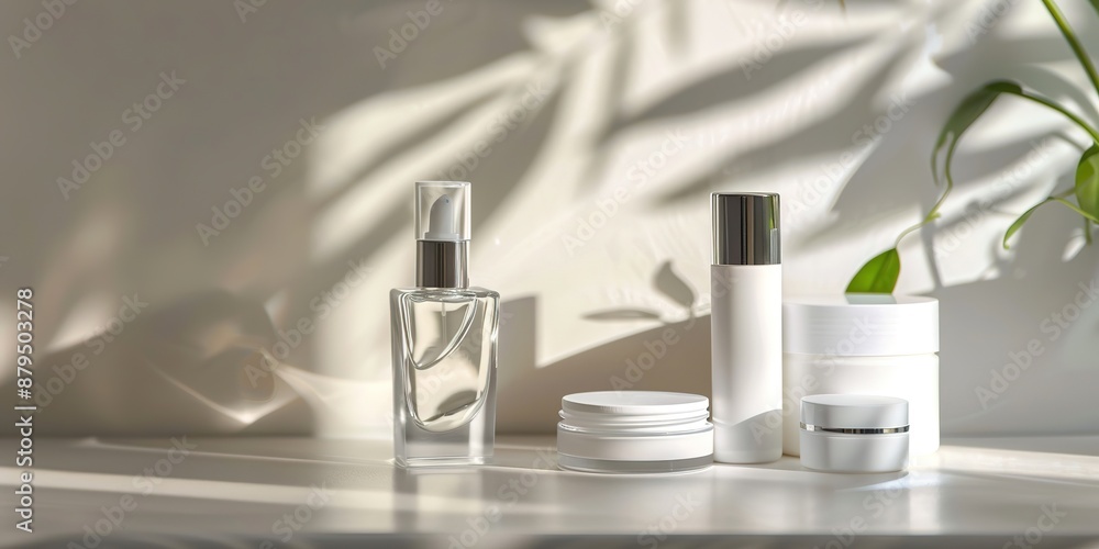 Modern skincare products on shelf with plant shadow pattern Modern skincare products on shelf with plant shadow pattern