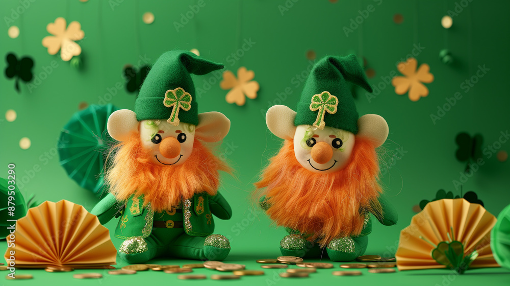 Naklejka premium St. Patrick's Day Leprechaun Decorations with Gold Coins and Green Background