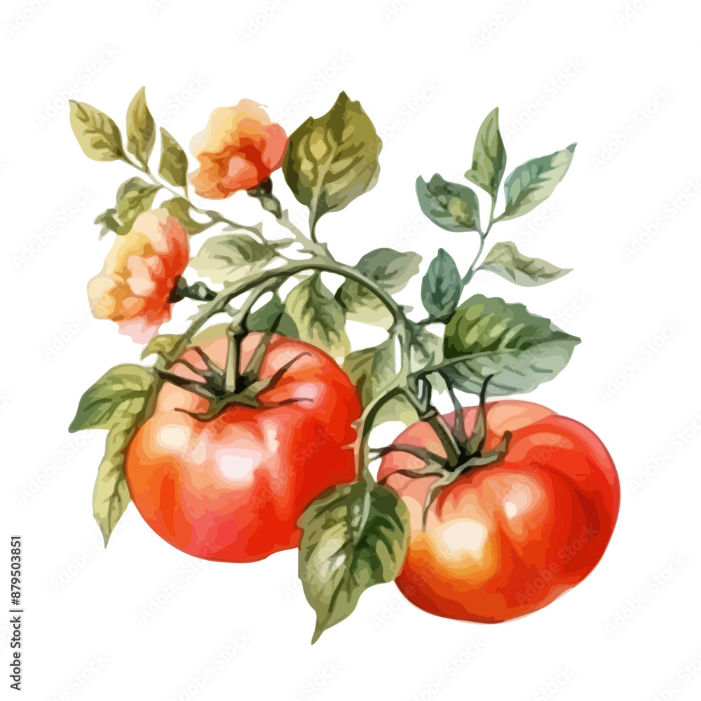 Red tomatoes with vine watercolor illustration isolated on a white ...