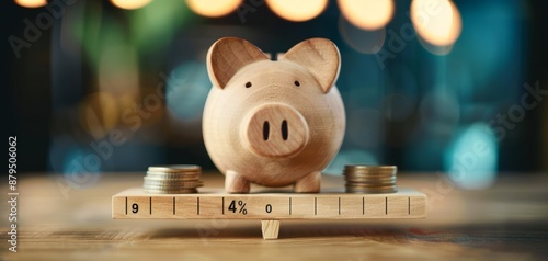 Wooden piggy bank on seesaw with balanced coins, symbolizing savings and financial balance concept. Soft bokeh background for depth. photo