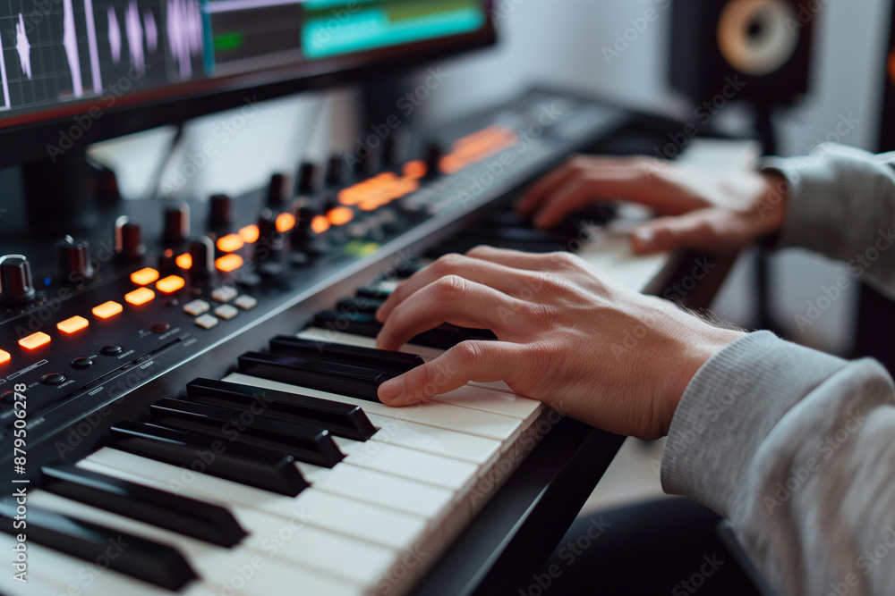 Hands Playing Synthesizer in Music Studio Hands Playing Synthesizer in Music Studio