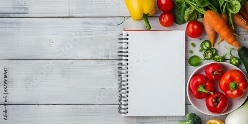 Vegetable-Themed Weight Loss Journal Mockup A Top View for Healthy Eating. Concept Weight Loss Journey, Healthy Eating, Vegetable Diet, Journal Mockup, Top View photo