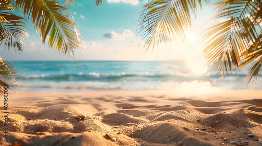 A beautiful sandy beach with palm trees and blue sky, banner design, close up, copy space concept. The sun is shining brightly on the horizon. A beautiful sandy beach with palm trees and blue sky, banner design, close up, copy space concept. The sun is shining brightly on the horizon.