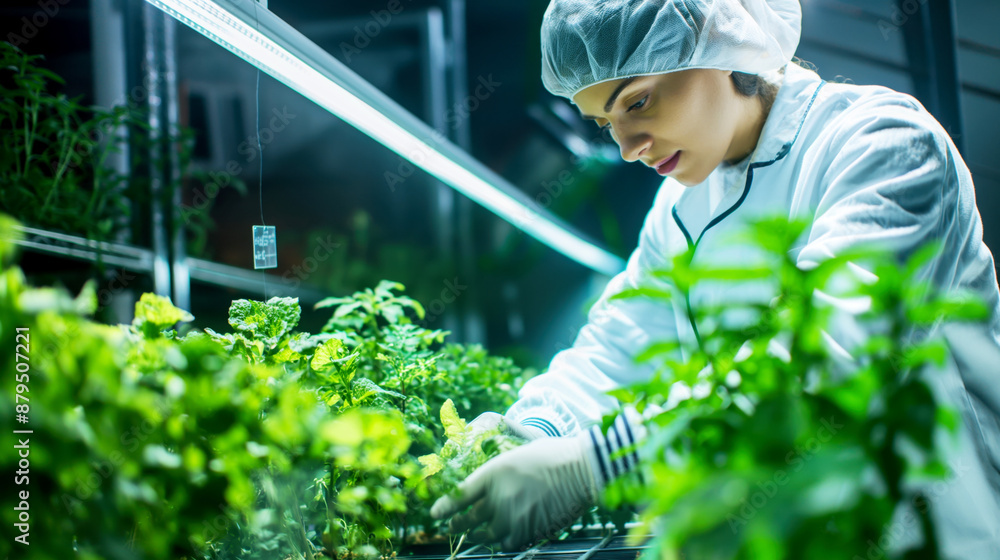 Focused scientist examining plants in a modern indoor farm with LED lighting Focused scientist examining plants in a modern indoor farm with LED lighting