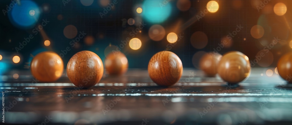 Naklejka premium Wooden spheres in focus with a colorful bokeh background, creating a warm and enchanting atmosphere.