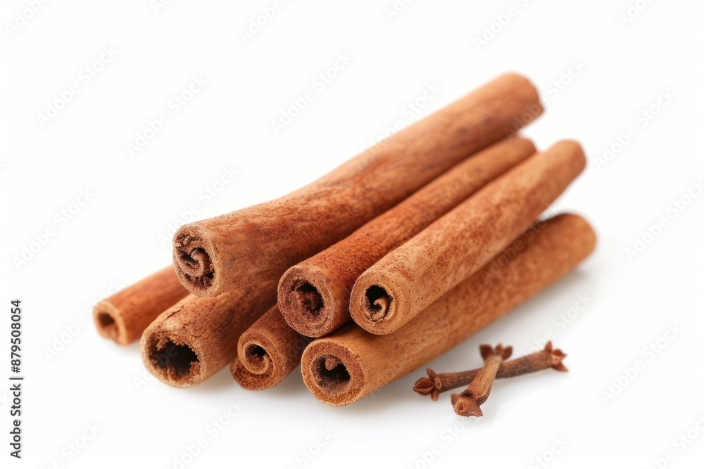 Cinnamon sticks are laying on a white background with cloves Cinnamon sticks are laying on a white background with cloves