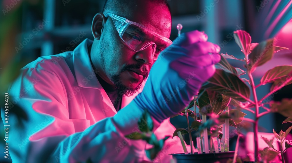 Fototapeta premium Male scientist examining plant samples in a lab under colored lights