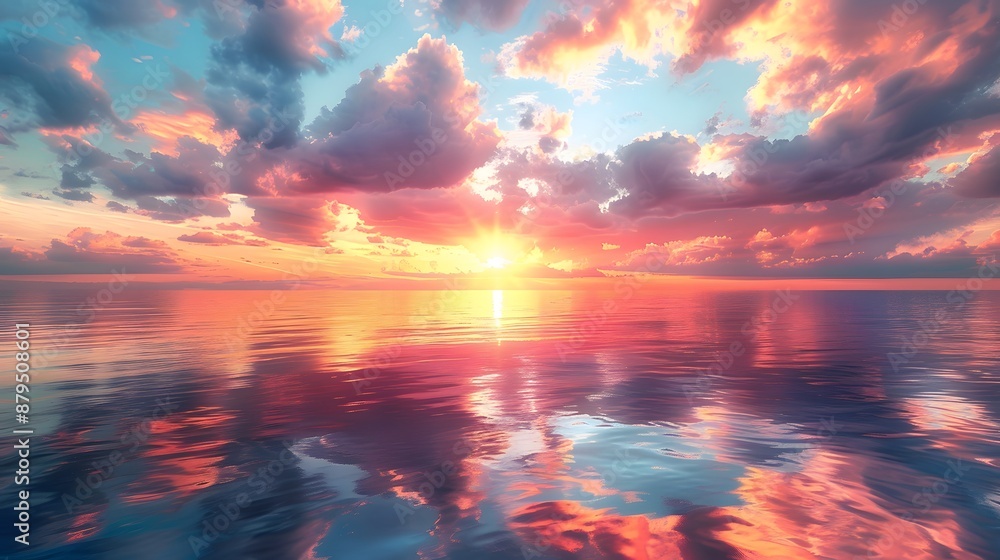 Fototapeta premium A breathtaking sunset over the ocean, with vibrant colors reflecting on calm waters and dramatic clouds in the sky. casting an enchanting glow upon everything below.