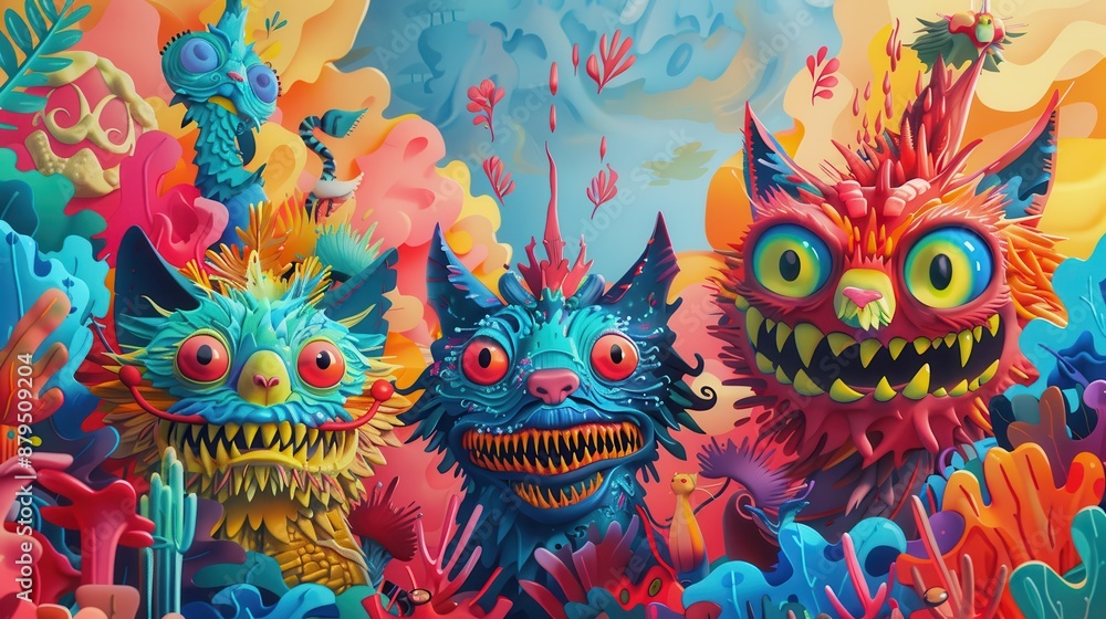 Vibrant and Colorful Fantasy Illustration of Three Whimsical Creatures in a Surreal Dreamlike Landscape Vibrant and Colorful Fantasy Illustration of Three Whimsical Creatures in a Surreal Dreamlike Landscape
