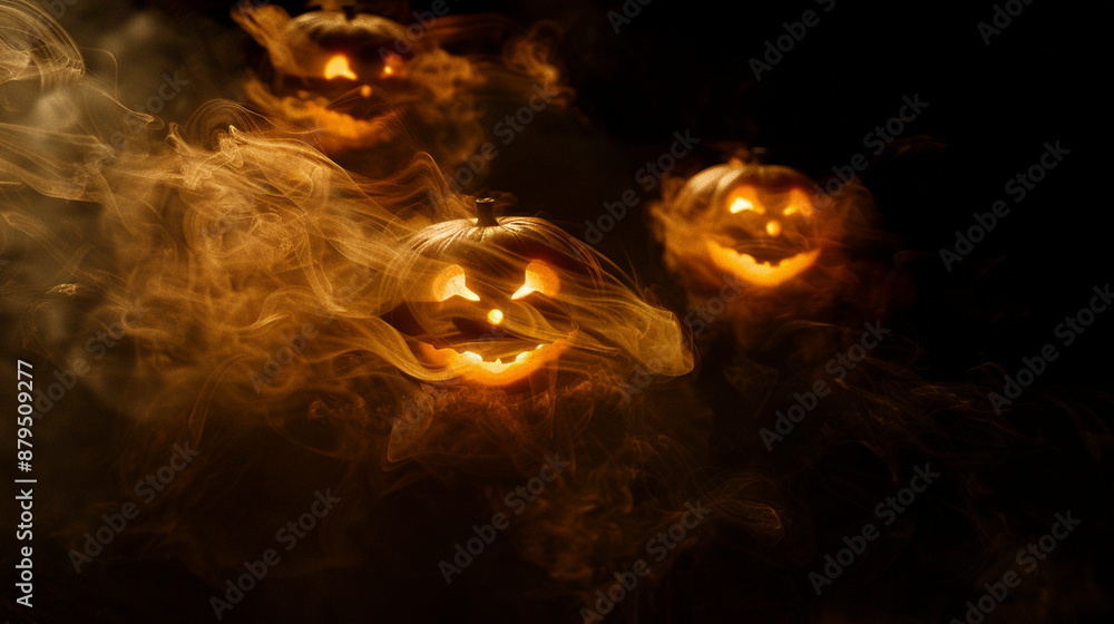 Fototapeta premium Scary Glowing Jack-O'-Lantern Emerging from Dark Smoke