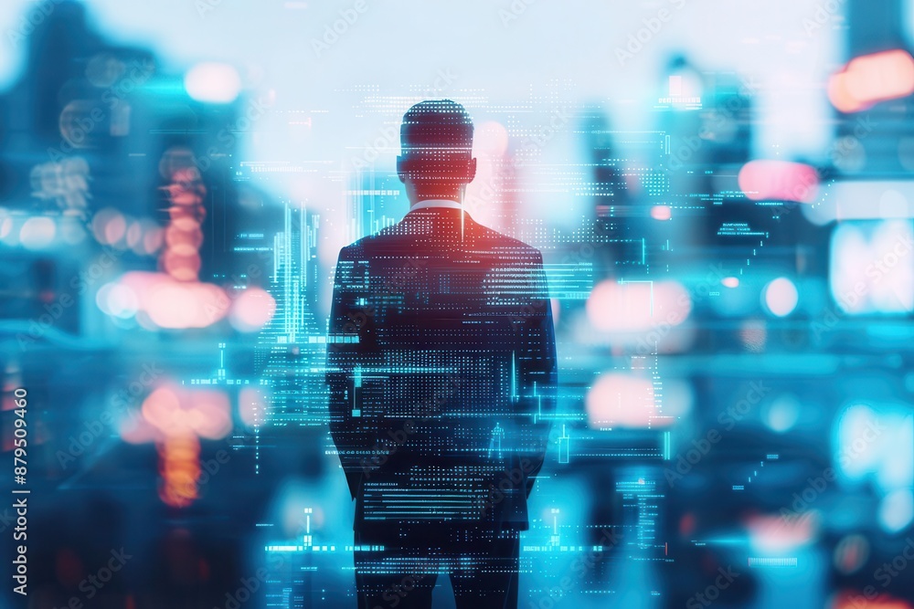 A businessman standing in the middle of a futuristic holographic cityscape, with glowing skyscrapers and digital billboards in the background A businessman standing in the middle of a futuristic holographic cityscape, with glowing skyscrapers and digital billboards in the background