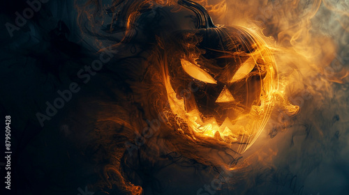 Sinister Jack-O'-Lantern with Smoke Against a Dark Background