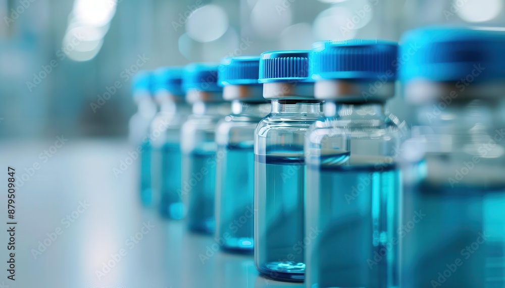 A sleek and minimalist backdrop of vials being filled with medicine in a hightech pharmaceutical plant A sleek and minimalist backdrop of vials being filled with medicine in a hightech pharmaceutical plant