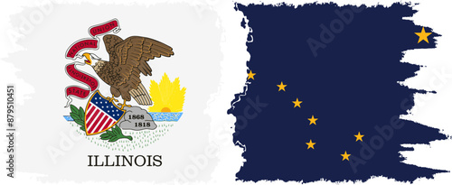 Alaska and Illinois states grunge brush flags connection, vector