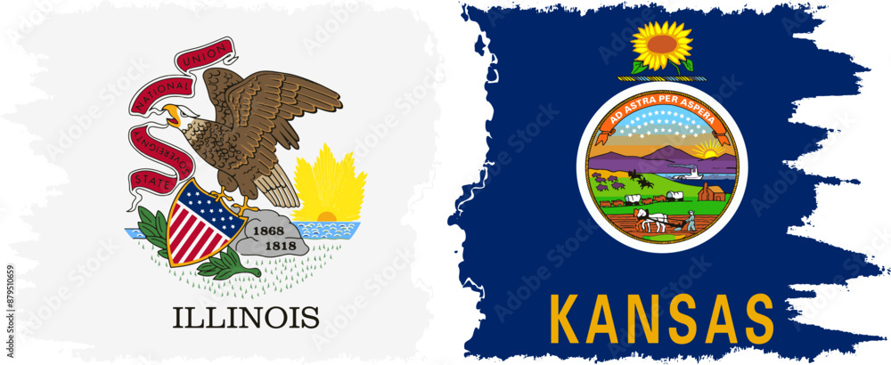 Obraz premium Kansas and Illinois states grunge brush flags connection vector