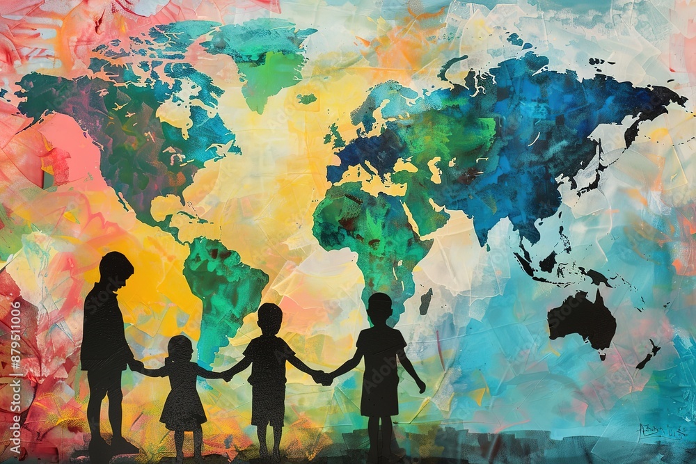 Fototapeta premium Happy Friendship day colorful typography vector illustration with cute hearts and friendship elements on a blue background. Friendship day poster, banner, greeting card template design.