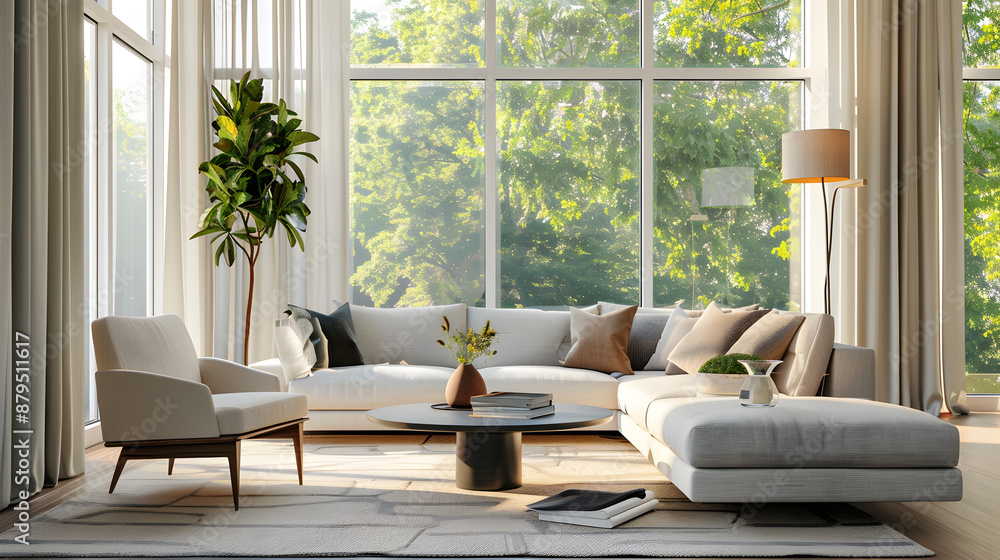Stylish modern living room with contemporary furniture, decor, and a large window letting in natural light, illustrating interior design trends.
Stylish modern living room with contemporary furniture, decor, and a large window letting in natural light, illustrating interior design trends.