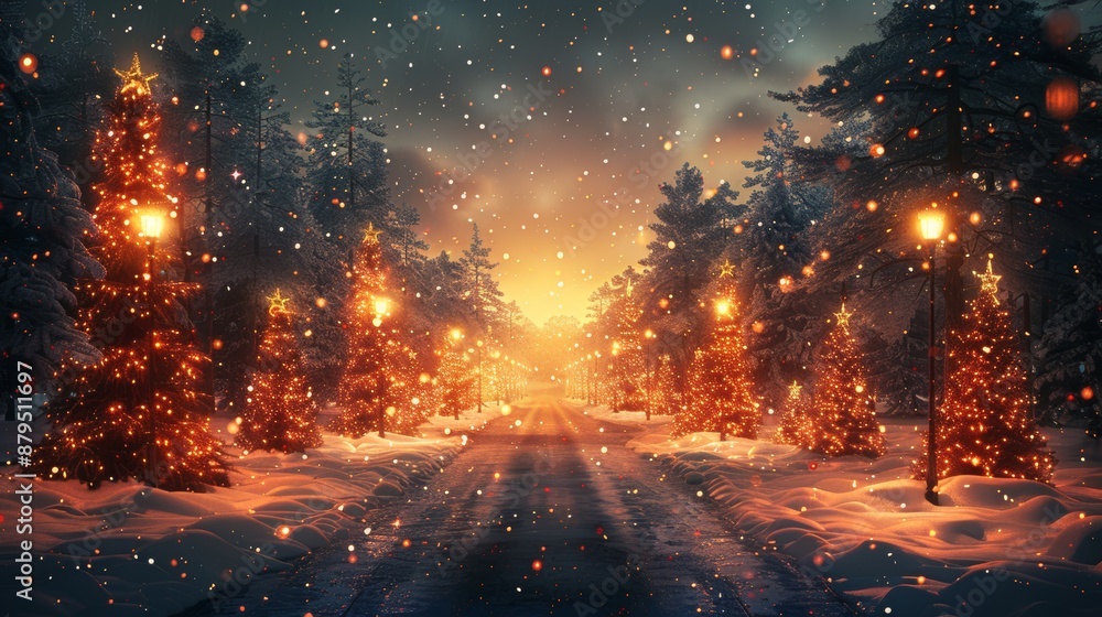 A winter street with Christmas trees and lights at night A winter street with Christmas trees and lights at night