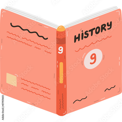 Cartoon open school textbook on history for nine grade. Cute kids academic book, literature, encyclopedia. Back to school supply for study, reading, learning. Hand drawn isolated vector illustration