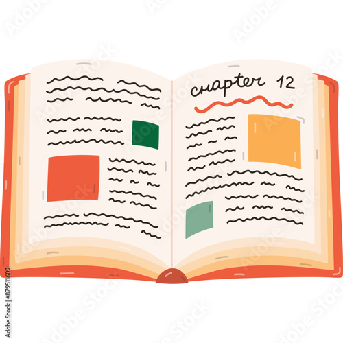 Cartoon open book with chapter and pictures. Cute concept of reading lovers, kids learning and study. Academic book, literature, encyclopedia. Back to school supply. Hand drawn isolated illustration.