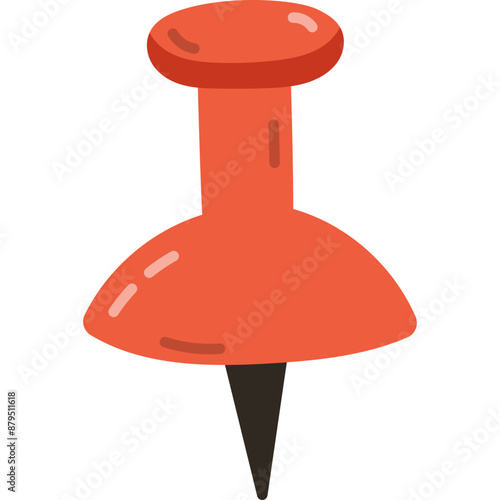 Cute cartoon push pin with plastic red top and needle. Thumbtack, pointer, fixation button head for attaching paper to notice and cork board. Hand drawn office and school stationery clipart isolated.