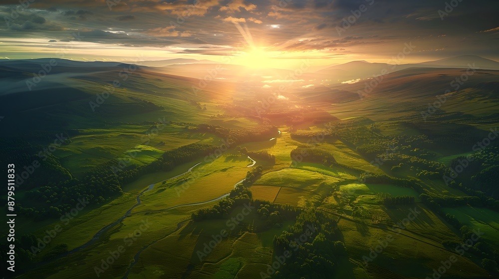 A glider flight over the lush valleys and rolling hills of the Scottish Highlands during the golden hour. The expansive view showcases a tapestry of green fields.