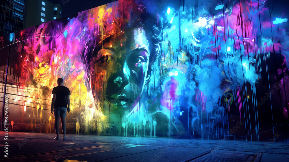 A person observing a vibrant, large-scale street mural at night, illuminated by city lights. A person observing a vibrant, large-scale street mural at night, illuminated by city lights.