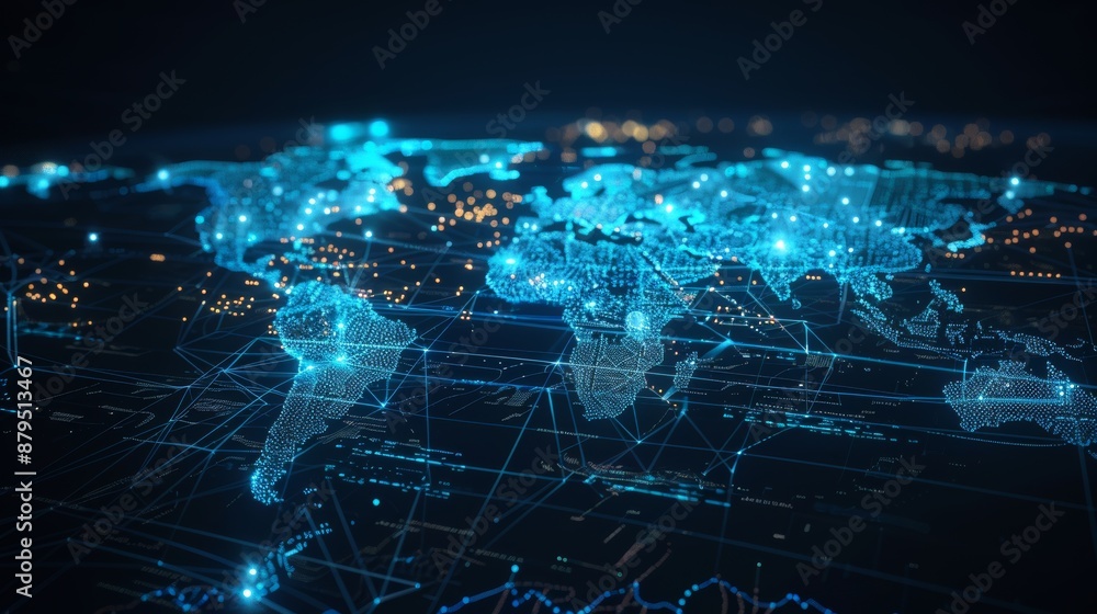 Fototapeta premium Globalization, international trade, and the interconnectedness of the global economic system are shown as interconnected lines and nodes on a world map.