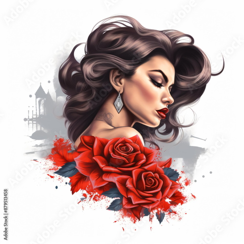 T-shirt pattern design of a pin-up girl, retro, vibrant reds, sassy, tattoo-inspired. Suitable for t-shirt or sticker ready to print. Retro-Vintage.[A-0003]