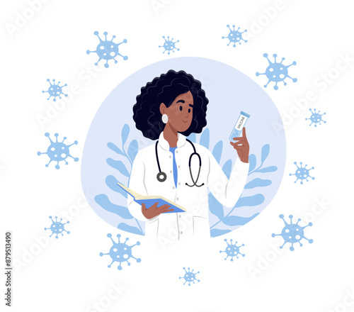 Immunization awareness month. Smiling doctor holding a vaccine. Vector template for banner, greeting card, poster with background. Vector illustration.