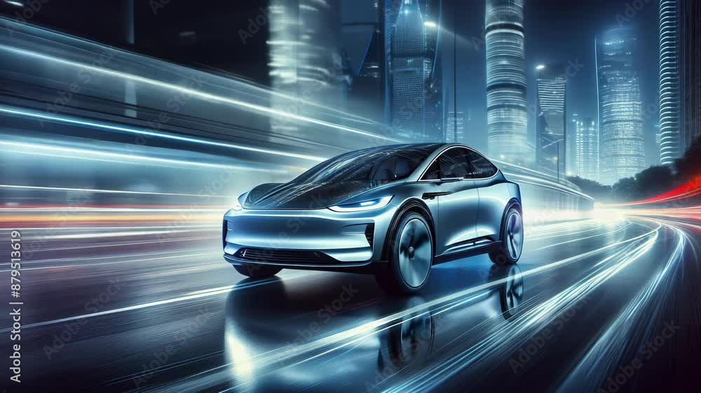 Futuristic electric car speeding through a modern cityscape at night. The image captures motion and the vibrant energy of urban transportation. Futuristic electric car speeding through a modern cityscape at night. The image captures motion and the vibrant energy of urban transportation.