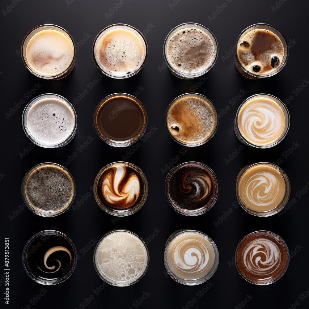 16 Different Coffee Drinks with Milk Foam and Latte Art. 16 Different Coffee Drinks with Milk Foam and Latte Art.