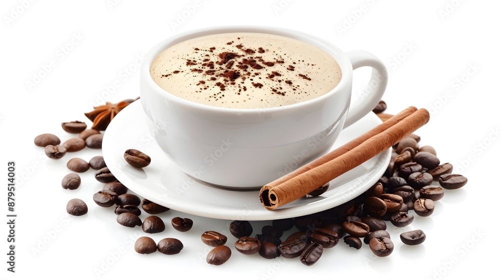 Enticing Cappuccino Cup with Cinnamon and Coffee Beans on White Background Enticing Cappuccino Cup with Cinnamon and Coffee Beans on White Background