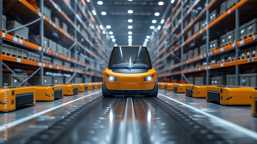 An industrial warehouse filled with automated guided vehicles (AGVs) and smart logistics systems, streamlining the manufacturing process.