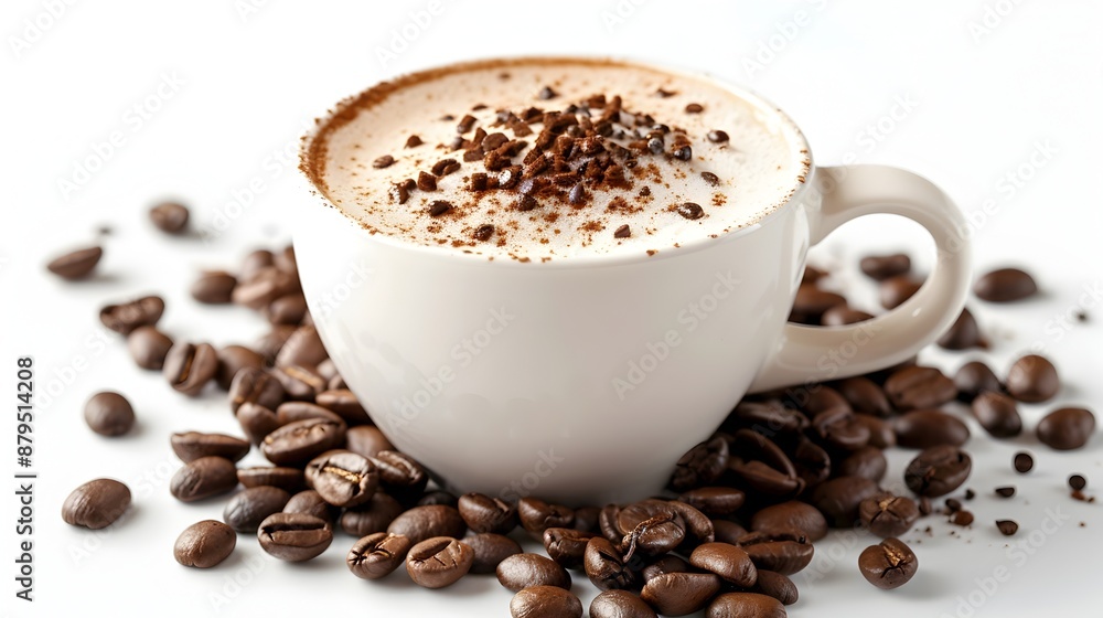 Frothy Cappuccino with Chocolate Sprinkles Surrounded by Aromatic Coffee Beans Frothy Cappuccino with Chocolate Sprinkles Surrounded by Aromatic Coffee Beans