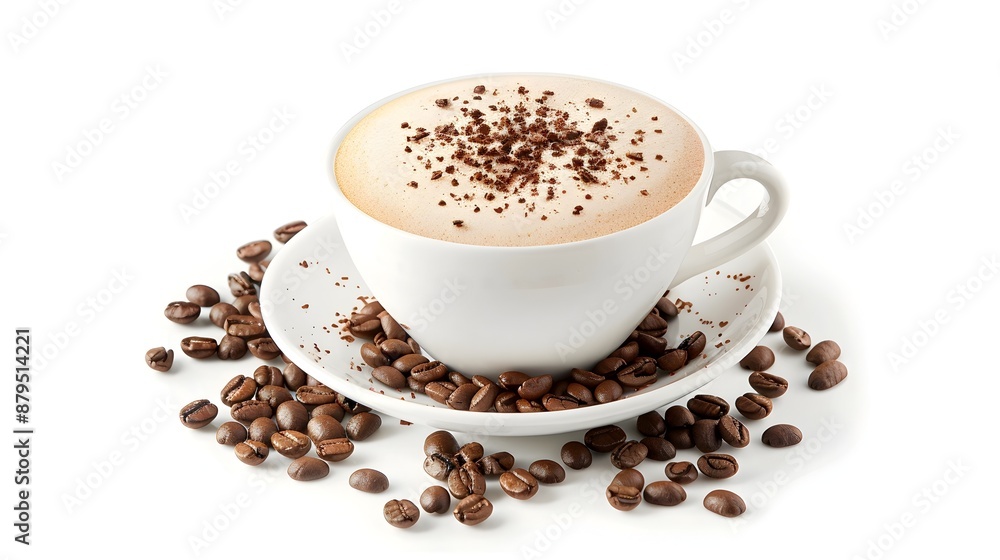 Frothy Cappuccino with Chocolate Sprinkles and Coffee Beans on a White Background Frothy Cappuccino with Chocolate Sprinkles and Coffee Beans on a White Background