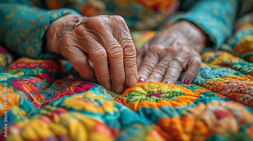 A close-up of a person's hands arranging colorful fabric pieces while quilting in a cozy environment. A close-up of a person's hands arranging colorful fabric pieces while quilting in a cozy environment.