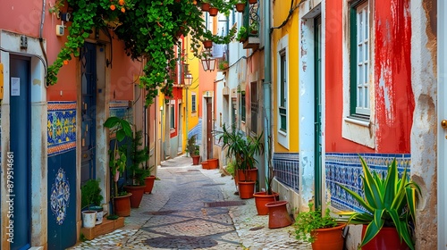 A quaint alley in Lisbon, Portugal, lined with vibrant, multicolored buildings adorned with classic Portuguese azulejos.