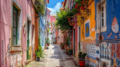 A quaint alley in Lisbon, Portugal, lined with vibrant, multicolored buildings adorned with classic Portuguese azulejos.