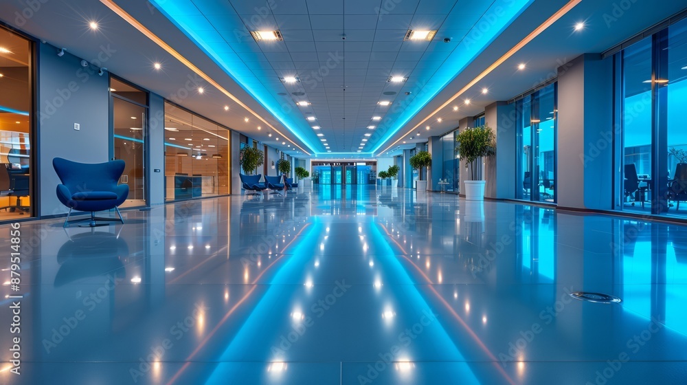 Fototapeta premium Modern office buildings with energy-efficient LED lighting and smart climate control systems, reducing environmental impact.