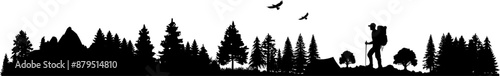 Vektor Silhouette - Wanderer in der Natur Outdoor - Bäume und Wälder und Berge - Wanderweg