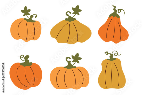 Cartoon pumpkins, halloween squash, fall harvest gourds. Pumpkins, squash and leaves vector symbols illustrations. Autumn thanksgiving and halloween pumpkins collection