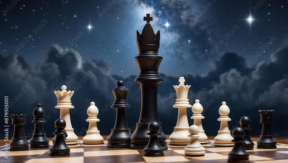 International chess day, chess pieces on a board in front of a starry night sky background International chess day, chess pieces on a board in front of a starry night sky background